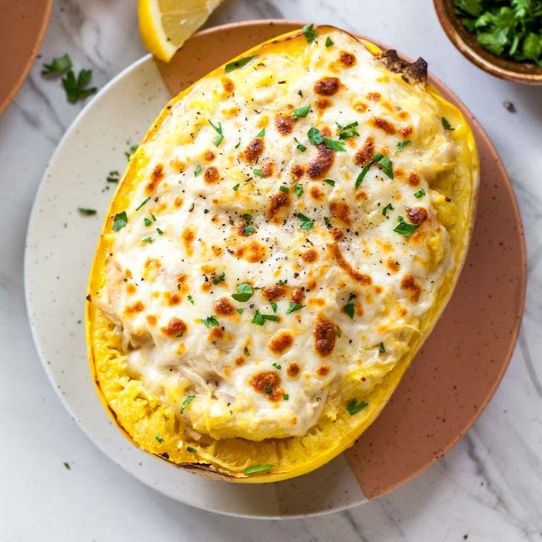 Spaghetti Squash Alfredo with Grilled Chicken