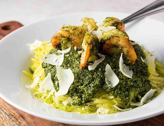 Spaghetti Squash with Mixed Herb Pesto and Shrimp