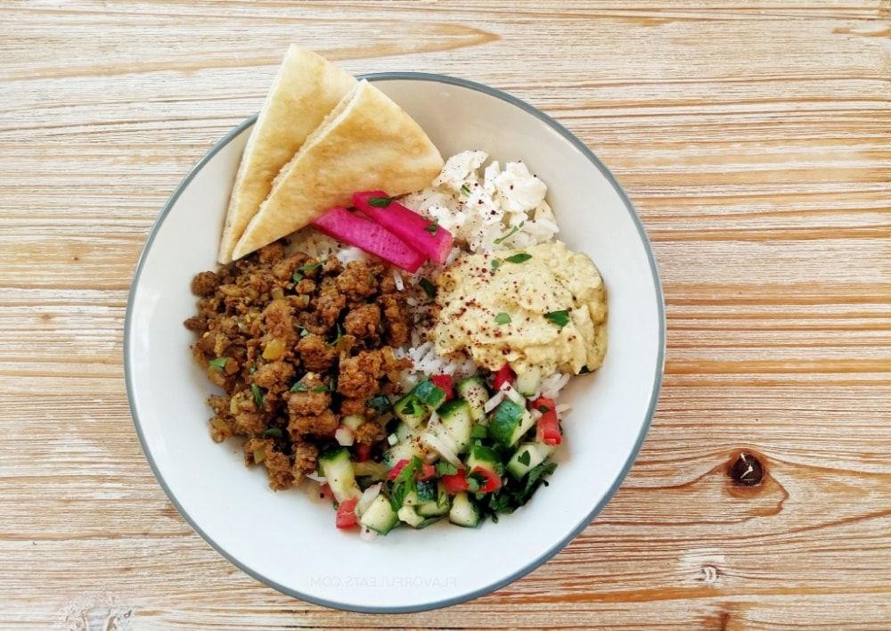 Spiced Beef Mediterranean Bowl with Pita Chips