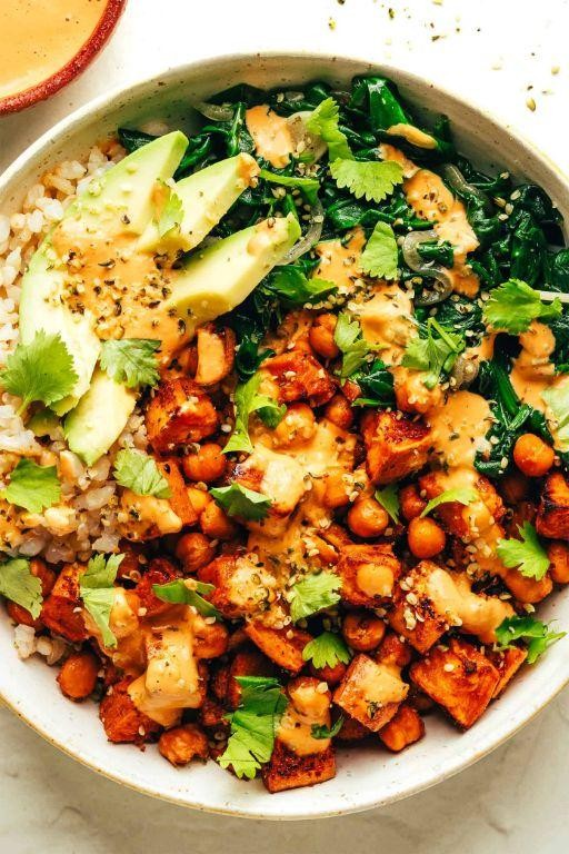 Spicy Air Fryer Chickpea and Sweet Potato Bowls