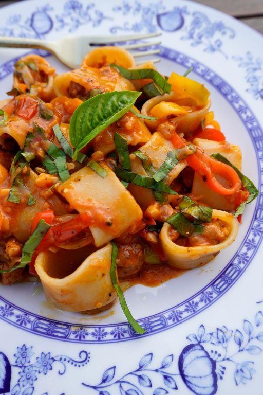 Spicy Calamarata with Sausage and Peppers