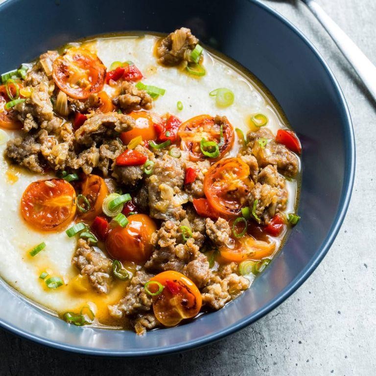 Spicy Chicken Sausage and Cheddar Grits