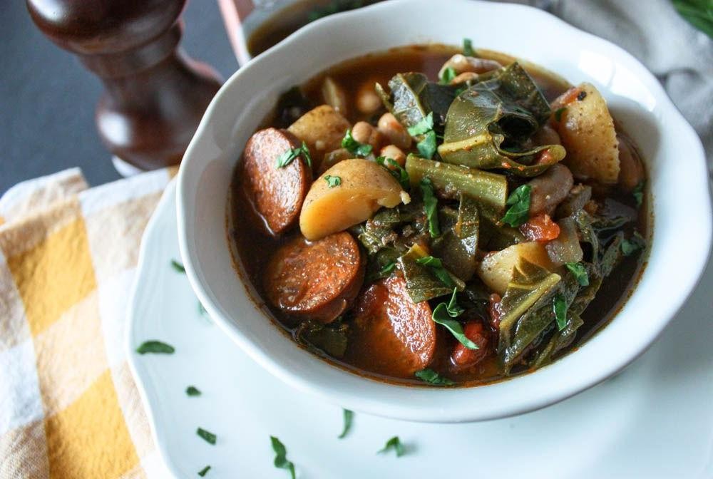 Spicy Collard Greens with Chorizo in the Crockpot