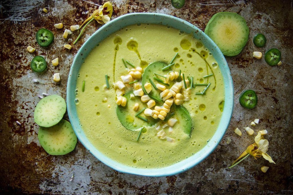 Spicy Creamed Corn Soup with Avocado