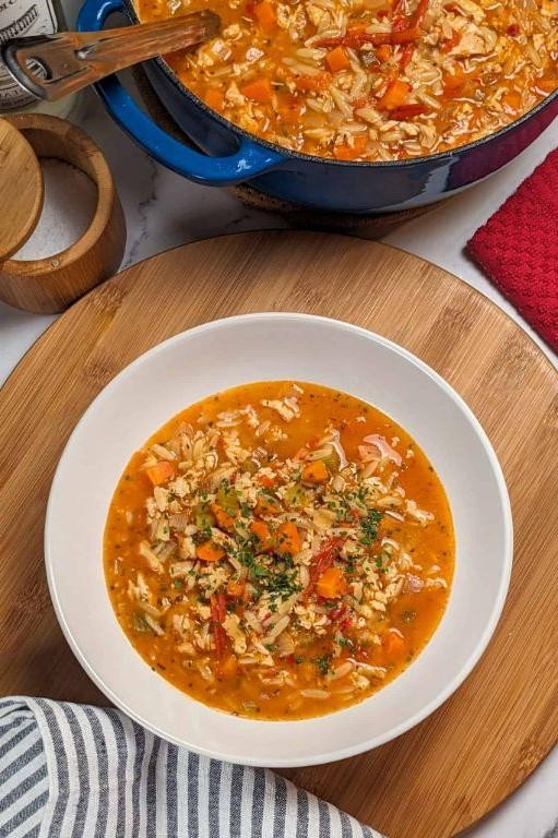 Spicy Lemon Chicken Orzo Soup with Chili Flakes