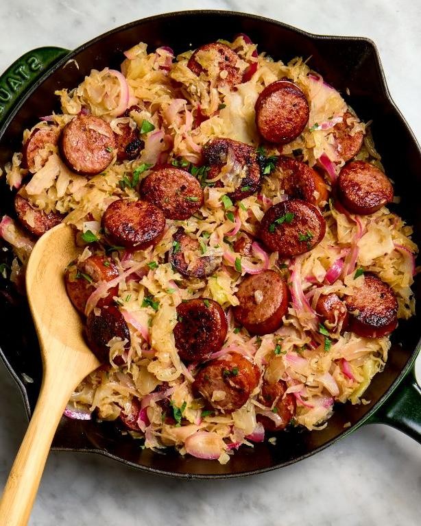 Spicy Sauerkraut and Kielbasa Skillet