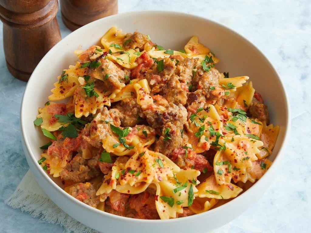 Spicy Sausage and Bow Tie Skillet