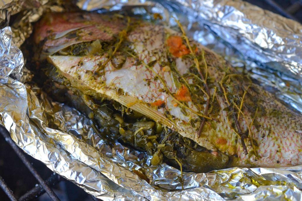 Steamed Fish with Okra and Callaloo