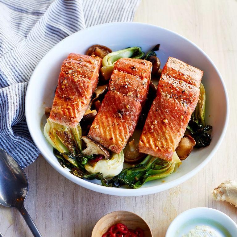 Steamed Salmon with Bok Choy and Ginger Soy Sauce