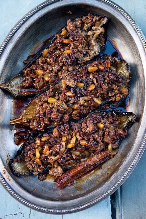 Stuffed Aubergines with Lamb and Pine Nuts