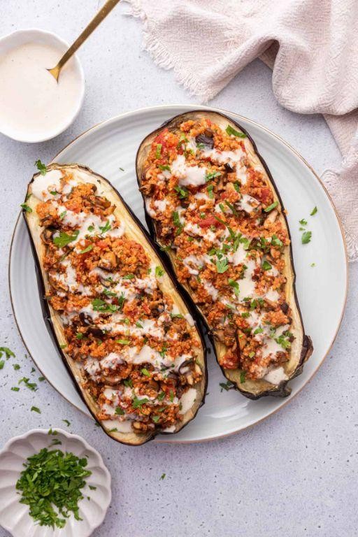 Stuffed Eggplant with Yellow Squash and Quinoa