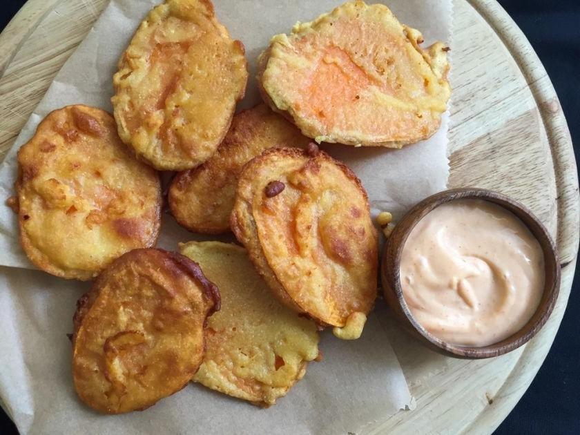 Sweet Potato Tempura with Honey Sriracha
