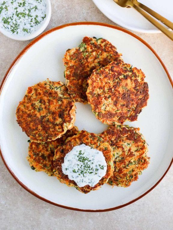 Sweet Potato Zucchini Fritters with Herb Yogurt