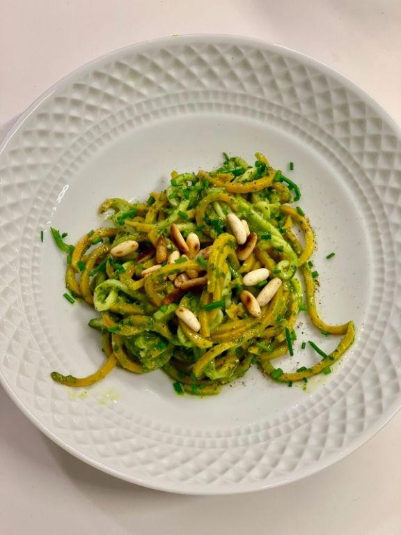 Sweet Potato Zucchini Noodles with Pesto