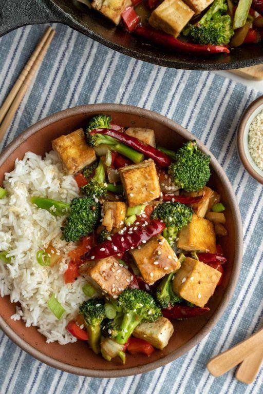 Szechuan-Style Rice Noodle Tofu Stir Fry with Mixed Veggies