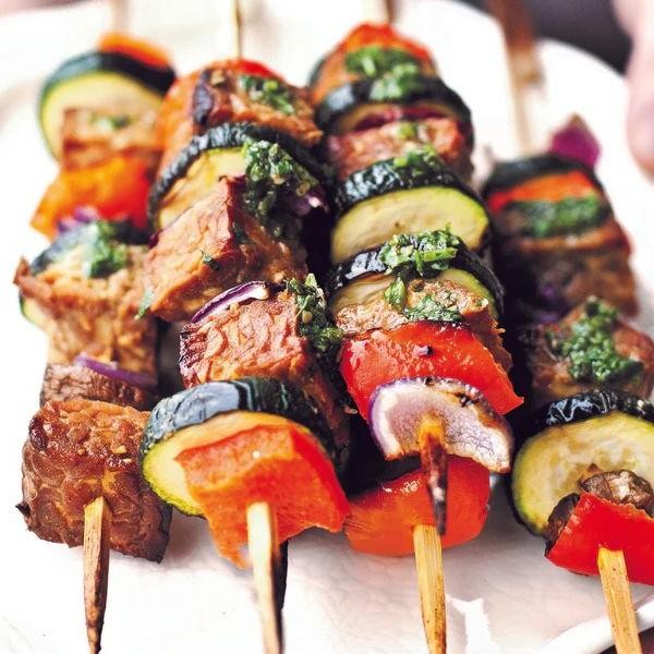 Tempeh and Vegetable Skewers with Chimichurri Sauce