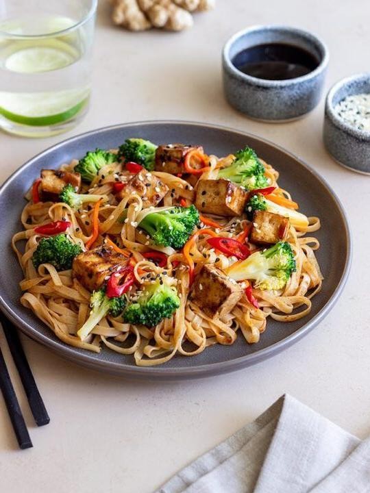 Teriyaki Rice Noodle Stir Fry with Vegetables and Tofu