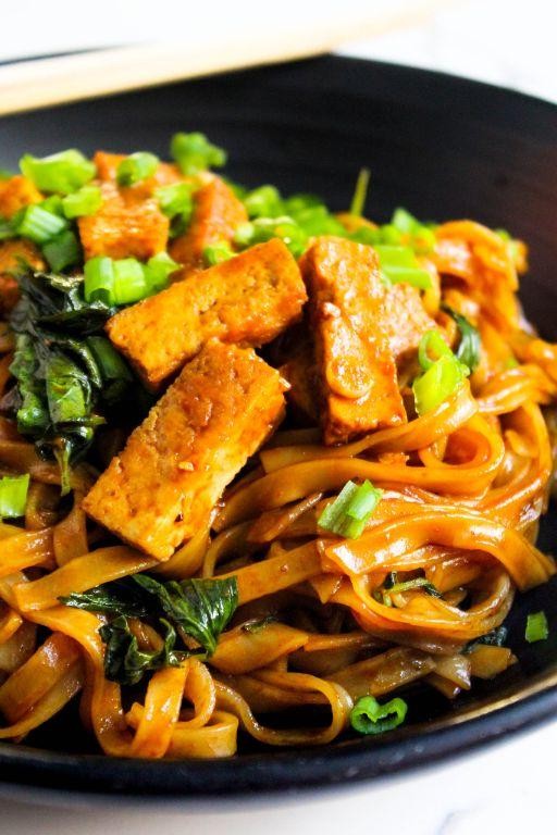 Thai Basil Rice Noodle Stir Fry with Tofu and Vegetables