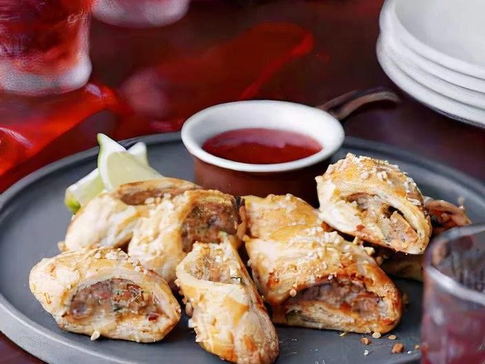 Thai-Style Sausage Rolls with Peanut Dipping Sauce
