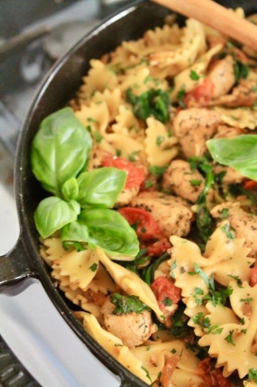 Tomato Basil Chicken Bow Tie Skillet