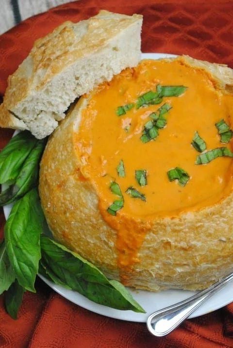 Tomato Basil Soup Bread Bowl