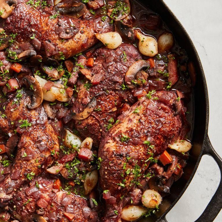 Traditional Coq au Vin with Mushrooms and Bacon