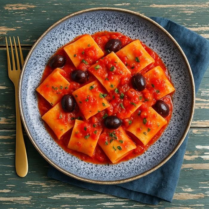 Traditional Mediterranean Calamarata with Olives and Capers