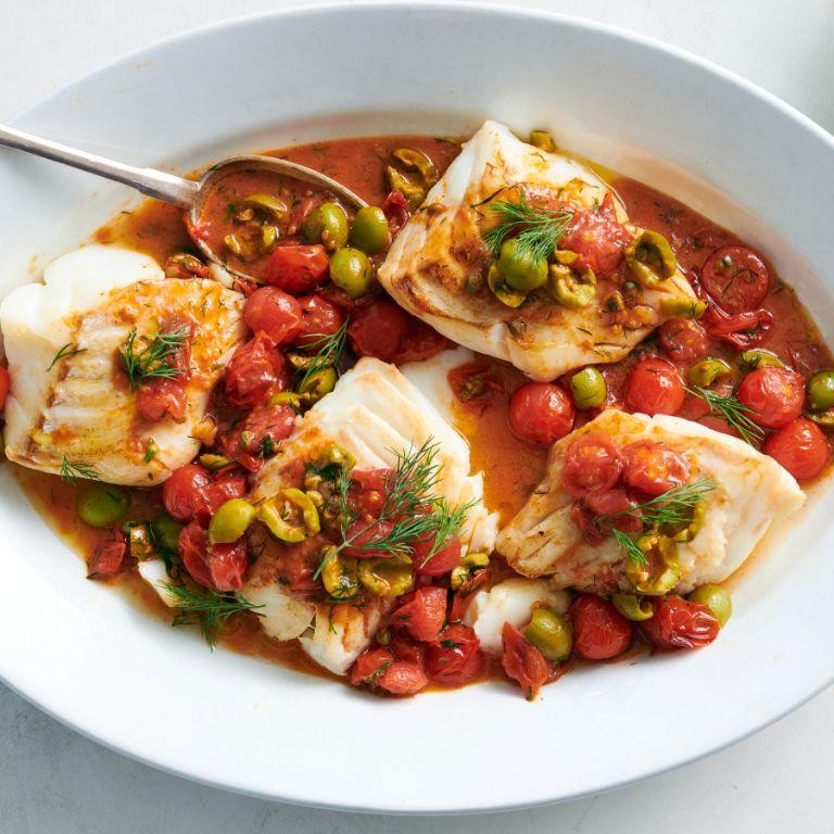 Tuscan Baked Cod with Tomatoes and Olives