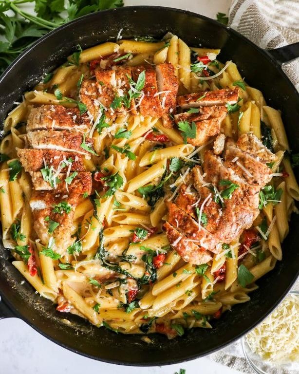 Tuscan Chicken Noodle Hotdish with Sun-Dried Tomatoes