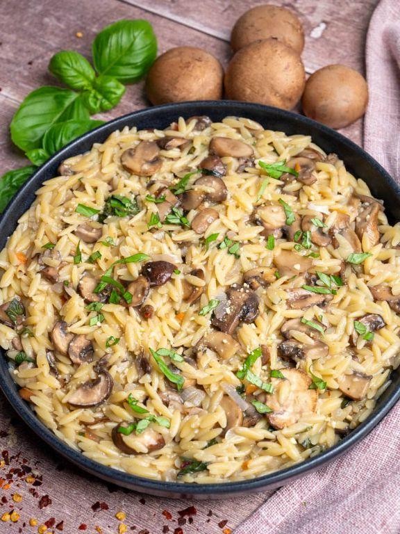 Vegan Orzo Risotto with Roasted Mushrooms