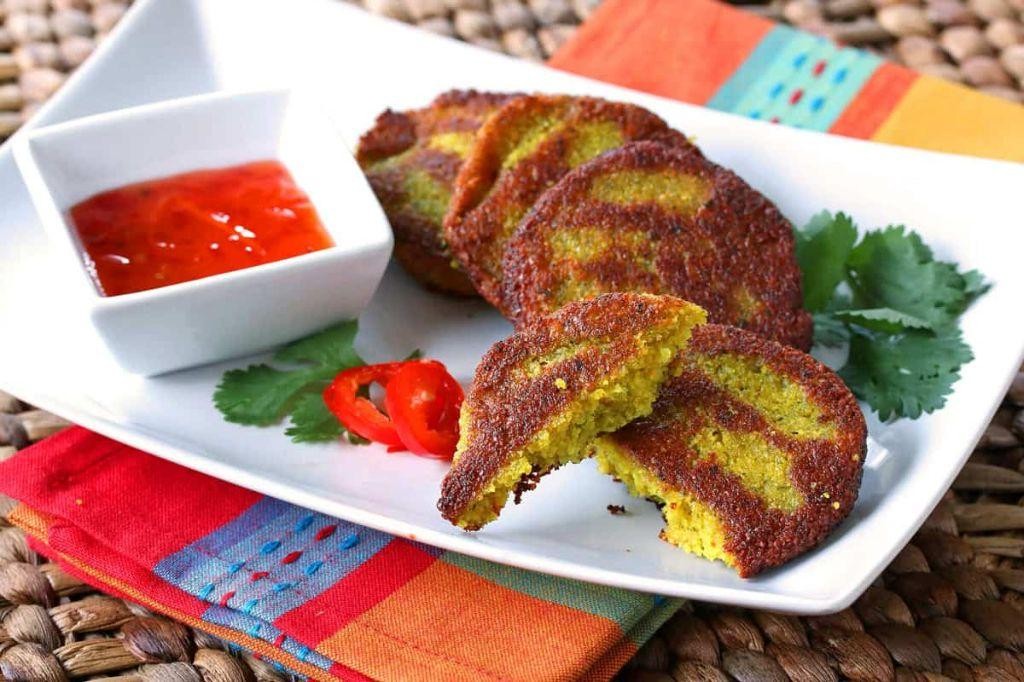 Vegan Split Pea Fritters with Spicy Sauce