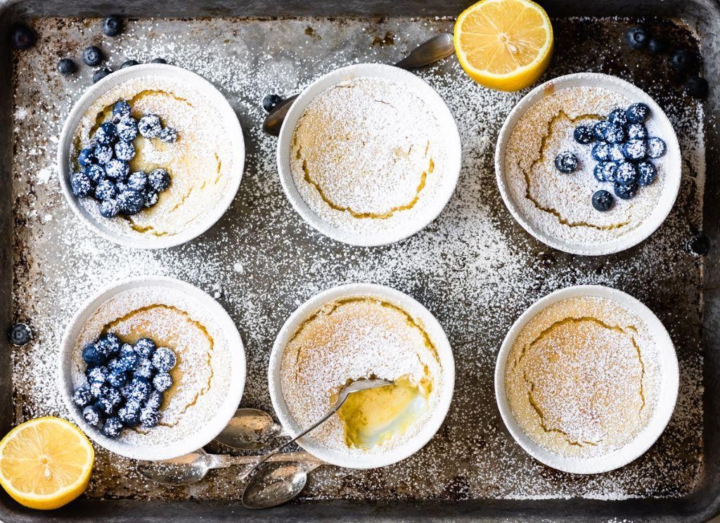 Warm Lemon Pudding Cake with White Chocolate Sauce