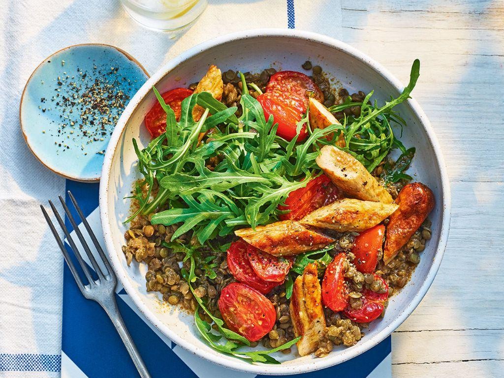 Warm Summer Sausage and Lentil Salad