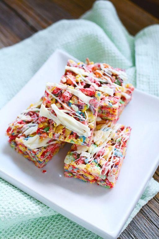 White Chocolate Drizzled Fruity Pebbles Squares