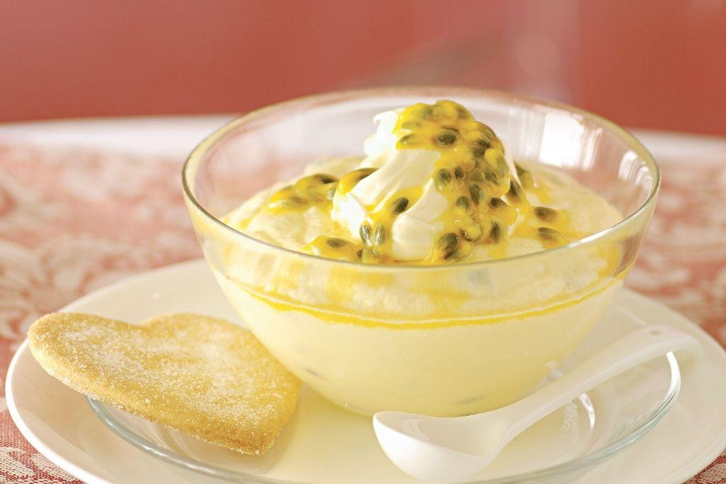White Chocolate Mousse with Passion Fruit Reduction