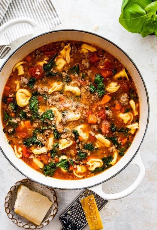 Zesty Sausage Tortellini Soup with Roasted Red Peppers