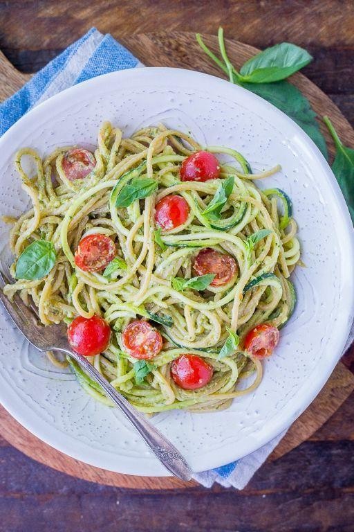 Zucchini Noodles with Avocado Pesto and Cherry Tomatoes