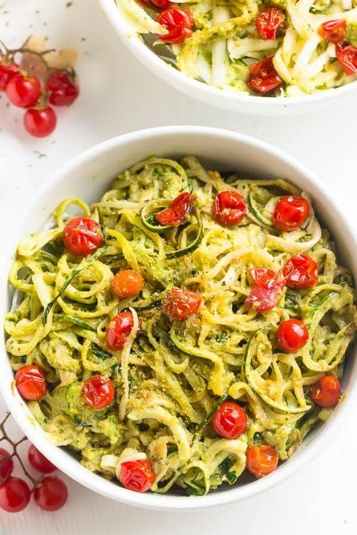 Zucchini Noodles with Pesto and Grilled Cherry Tomatoes