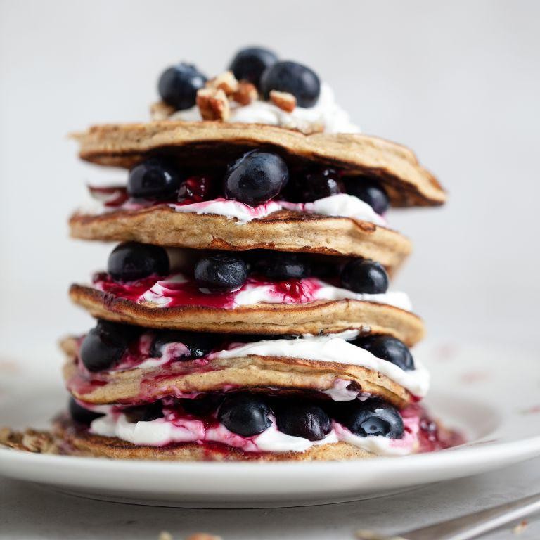 Banana Oatmeal Pancakes with Blueberry Compote