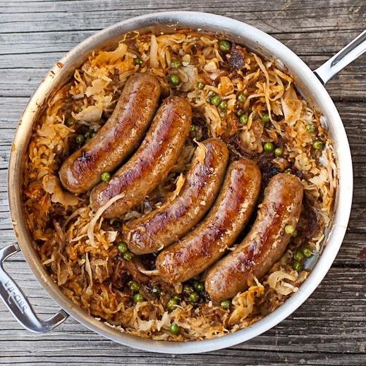 Beer-Braised Bratwursts with Sauerkraut