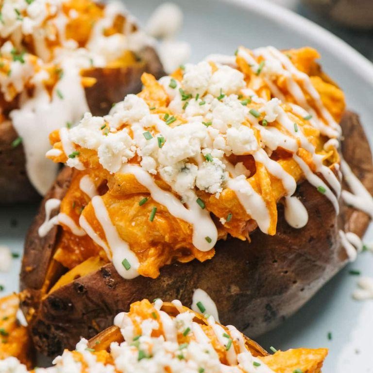 Buffalo Chicken Stuffed Sweet Potatoes