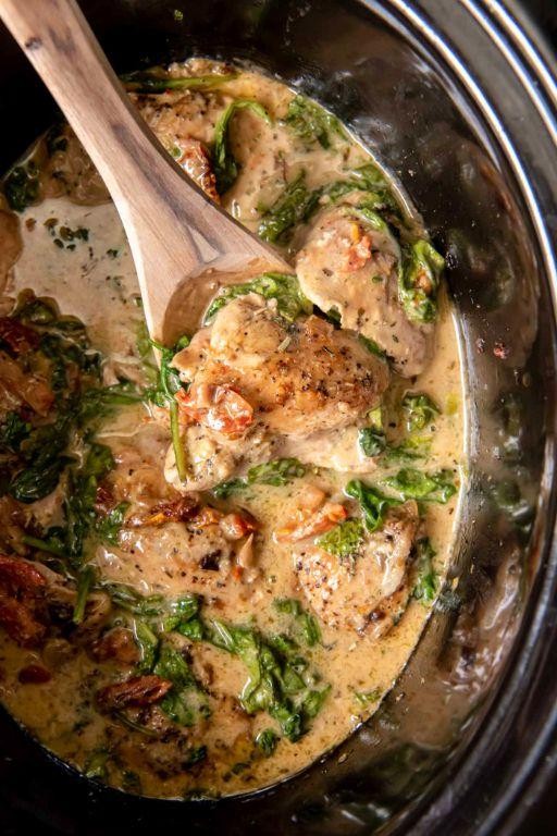 Creamy Tuscan Crock Pot Chicken Thighs