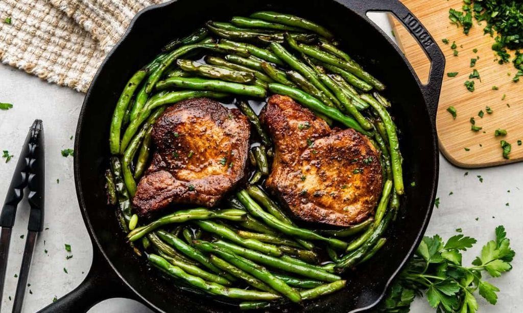 Garlic Butter Pork Steaks with Green Beans