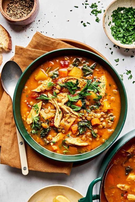 Hearty Slow Cooker Chicken Spinach Lentil Soup