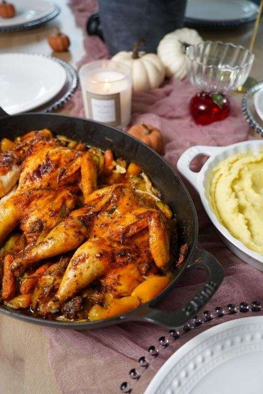 Maple-Dijon Roasted Cornish Hen with Brussel Sprouts