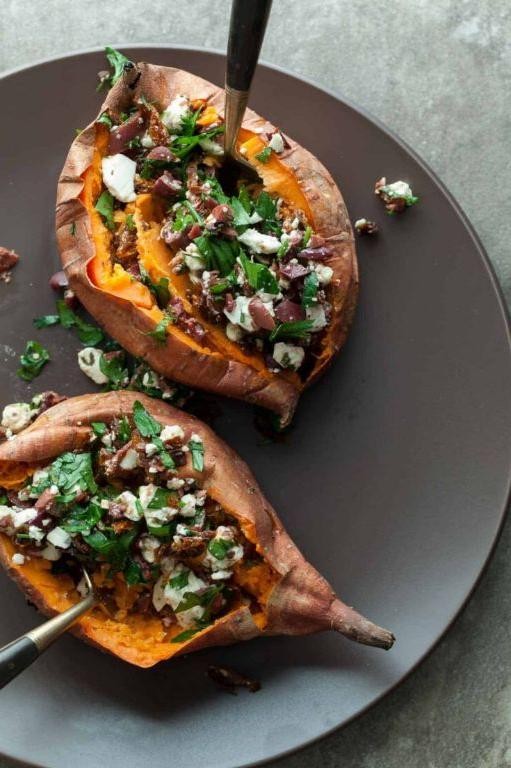 Mediterranean Style Stuffed Sweet Potatoes with Feta
