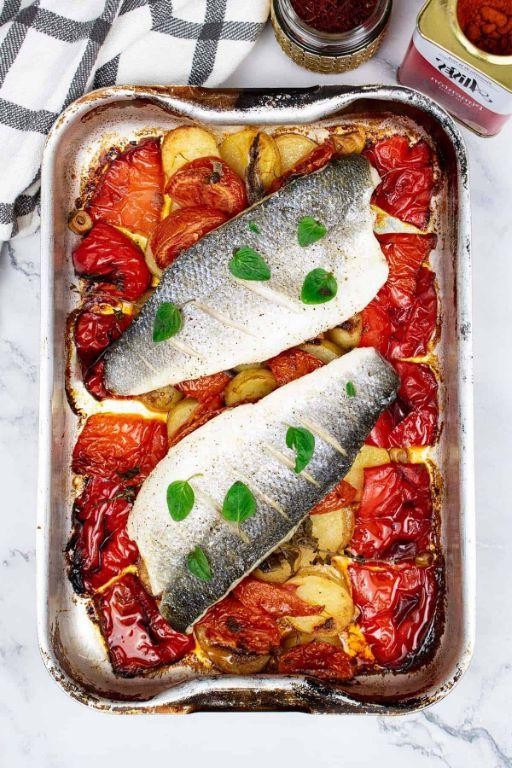 One-Pan Sea Bass with Potatoes and Peppers
