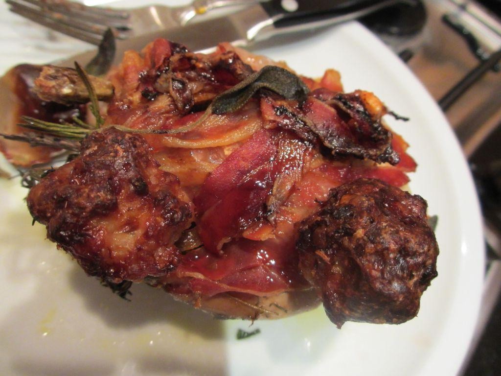 Partridge Wrapped in Bacon with a Pomegranate Glaze