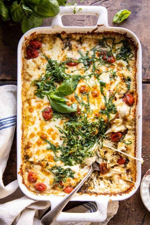 Pesto Orzo Pasta Bake with Mozzarella