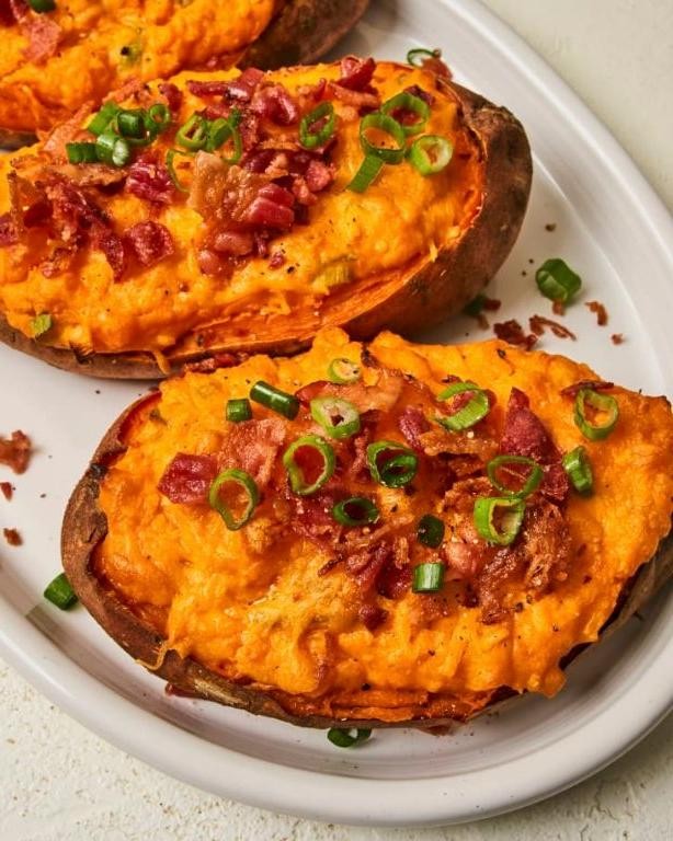 Savory Twice Baked Sweet Potato with Bacon and Sour Cream